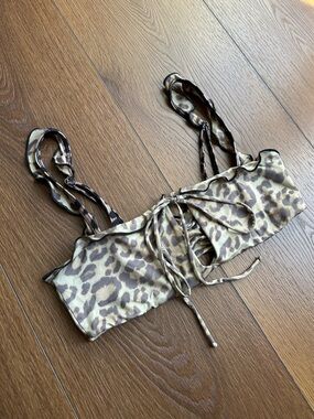 Frankie's Bikinis Leopard Tie-Front Bikini Top in Beige and Brown